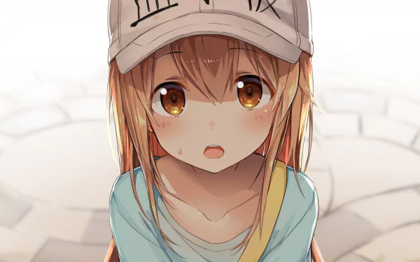 HD anime wallpaper featuring Platelet from Cells at Work! with blonde hair, orange eyes, and a subtle blush. The character is seen up-close, wearing a cap, creating an endearing and vibrant background.