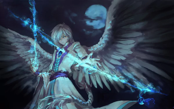 Yue from Cardcaptor Sakura wields glowing blue magic amid a dark night sky, with a full moon and ethereal wings in this 4K Ultra HD anime desktop wallpaper.