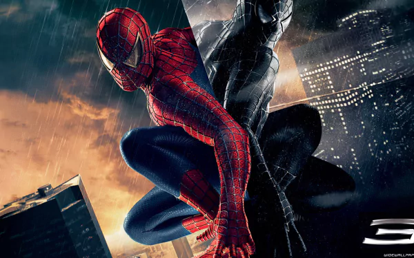 HD PC desktop wallpaper featuring Spider-Man and his black-suited counterpart from the movie Spider-Man 3, set against a rainy city backdrop.