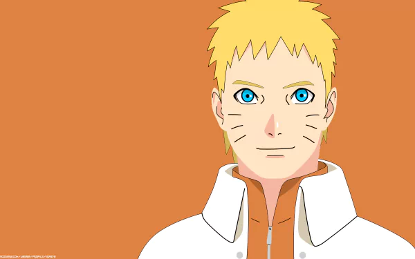 Minimalist anime 8K PC wallpaper of Naruto Uzumaki as Hokage — Boruto-era portrait with striking blue eyes against a flat orange background.