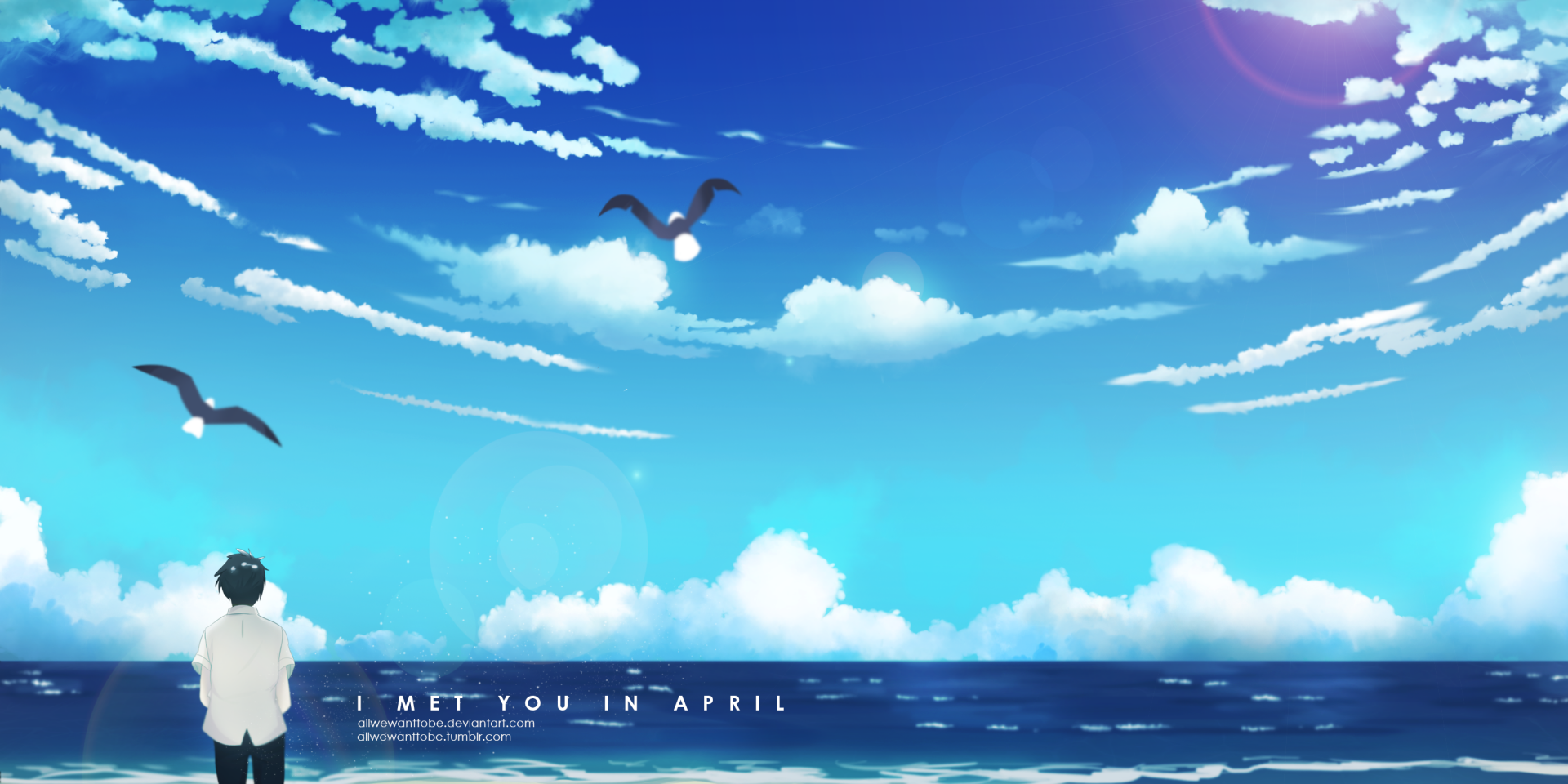 Anime-style HD desktop wallpaper featuring a peaceful ocean and beach scene with fluffy clouds and birds flying under a bright blue sky.