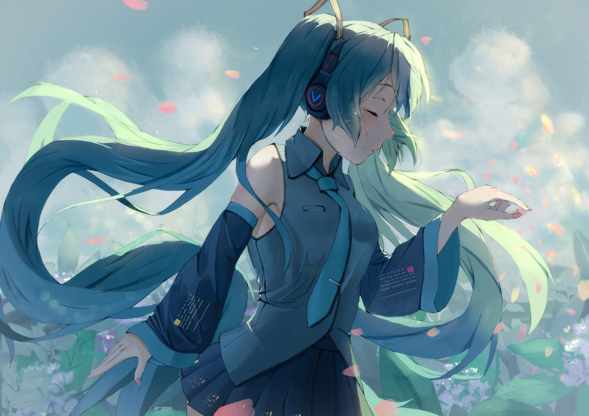 Hatsune Miku from Vocaloid stands in a serene outdoor setting, captured in vibrant anime style for an HD PC desktop wallpaper background.