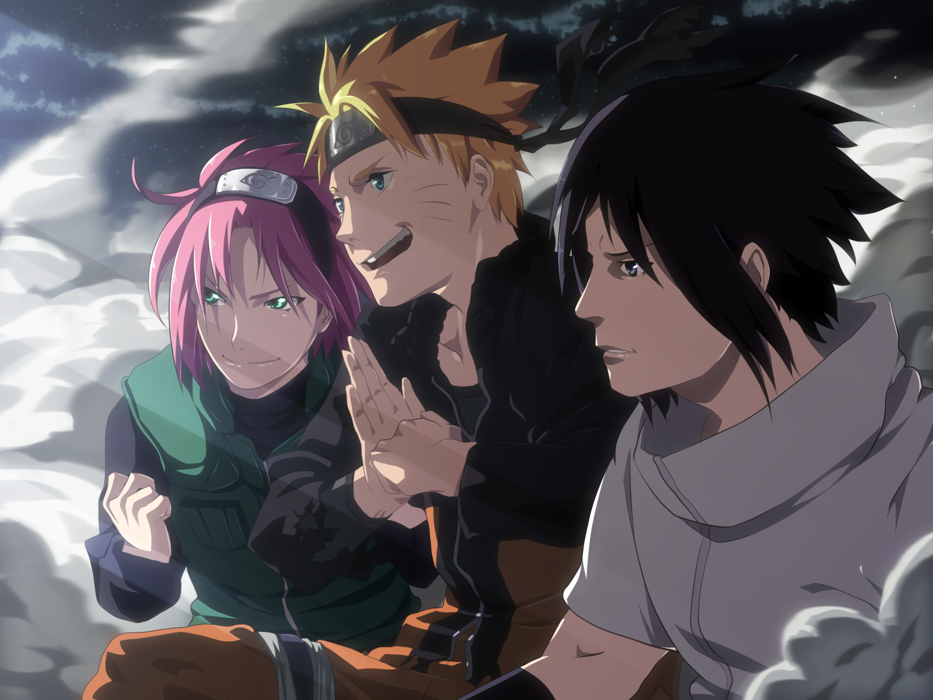 HD anime desktop wallpaper featuring Sakura Haruno, Sasuke Uchiha, and Naruto Uzumaki from the Naruto series with dynamic lighting and intense expressions.