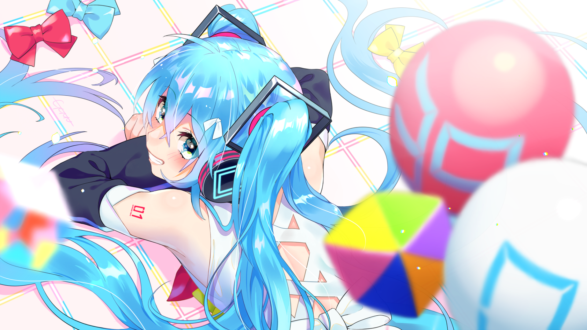 HD anime desktop wallpaper featuring Hatsune Miku, the iconic Vocaloid, with her signature turquoise twin-tails and futuristic headphones surrounded by colorful floating objects.
