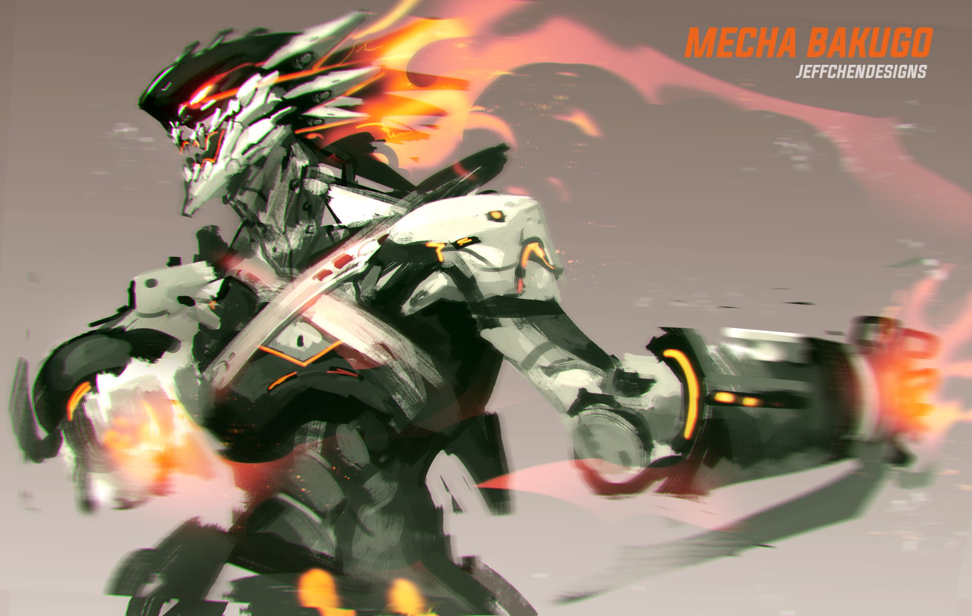 HD wallpaper featuring an intense, fiery mecha version of Katsuki Bakugou from the anime My Hero Academia. The futuristic design and dynamic pose capture the essence of Bakugou’s explosive power.