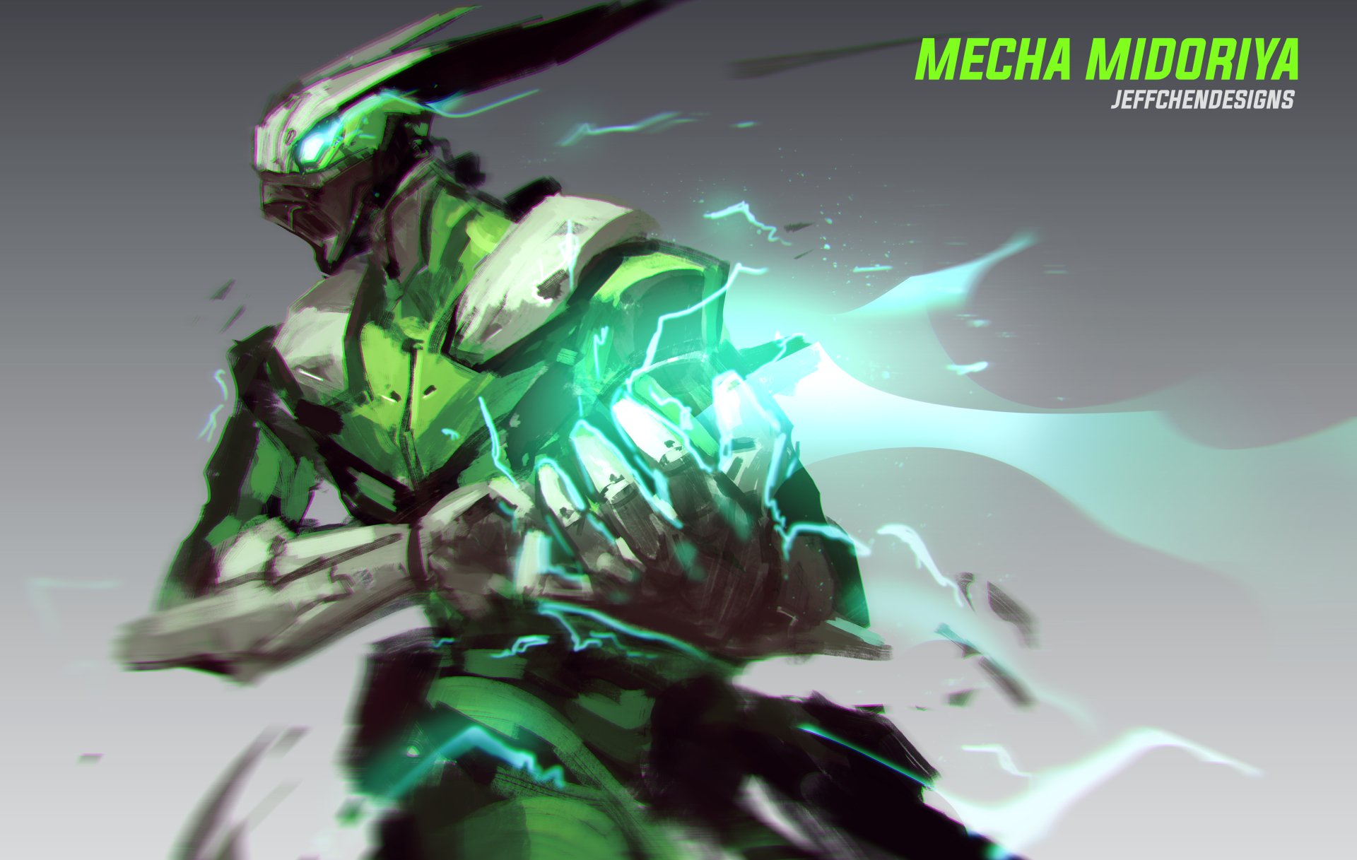HD desktop wallpaper featuring Mecha Izuku Midoriya from My Hero Academia in a dynamic, robotic form with vibrant green accents.