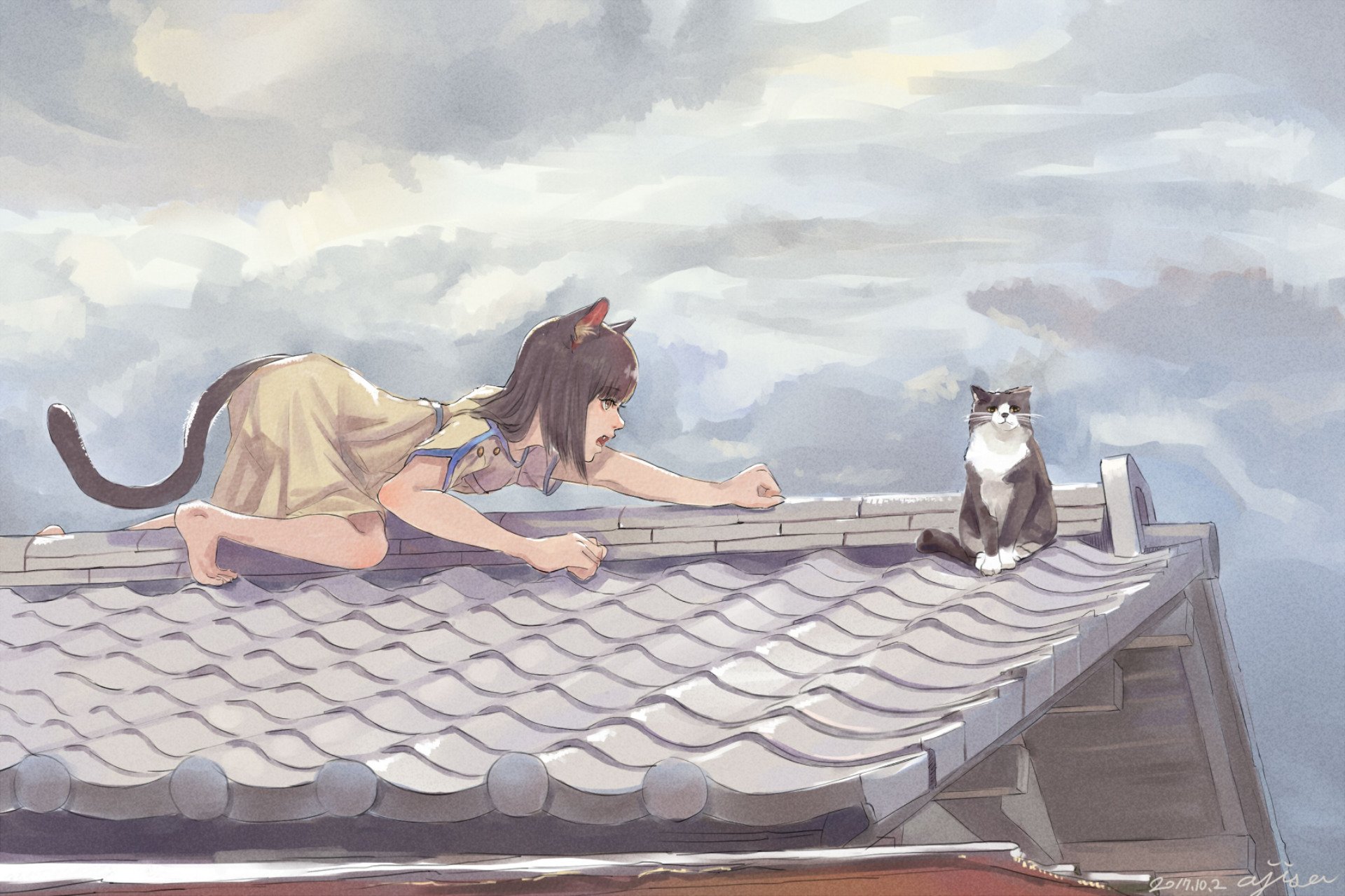 Anime-style cat girl with a tail crawls on a rooftop, reaching toward a sitting cat under a cloudy sky in this HD PC desktop wallpaper and background.