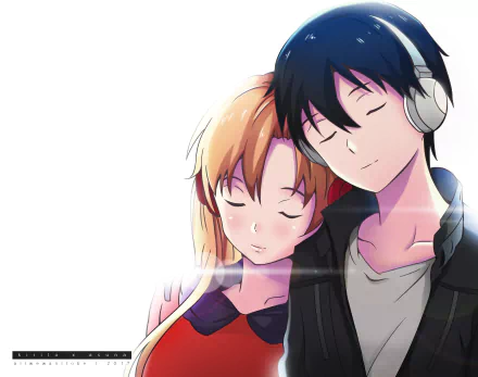 HD wallpaper of Asuna Yuuki and Kirito from Sword Art Online, depicted sleeping peacefully together, Asuna with orange hair and Kirito wearing headphones.