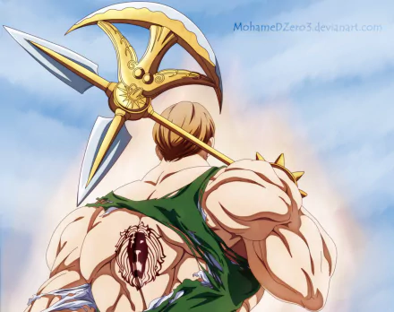 HD PC desktop wallpaper featuring Escanor from the anime The Seven Deadly Sins, showcasing his muscular back and iconic weapon against a bright sky background.