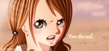 HD PC desktop wallpaper and background of Nami (One Piece) anime: close-up of Nami with a determined expression at sunset, overlaid text Fare thee well....