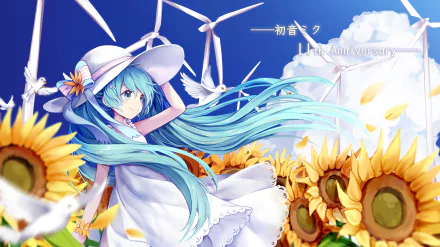 Hatsune Miku (Vocaloid) anime 2K Quad HD desktop wallpaper/background: aqua-haired girl in a white dress and sunhat among sunflowers and wind turbines under a bright blue sky.