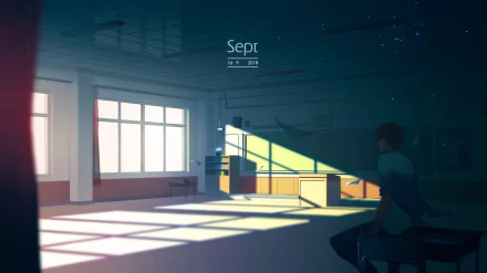 Anime-style 4K Ultra HD classroom scene featuring a short-haired character with brown hair sitting near sunlit windows, framed as a PC desktop wallpaper background.