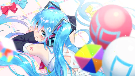 HD anime desktop wallpaper featuring Hatsune Miku, the iconic Vocaloid, with her signature turquoise twin-tails and futuristic headphones surrounded by colorful floating objects.