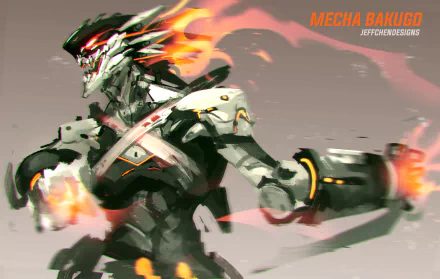 HD wallpaper featuring an intense, fiery mecha version of Katsuki Bakugou from the anime My Hero Academia. The futuristic design and dynamic pose capture the essence of Bakugou’s explosive power.