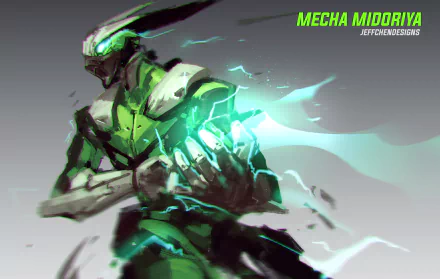 HD desktop wallpaper featuring Mecha Izuku Midoriya from My Hero Academia in a dynamic, robotic form with vibrant green accents.