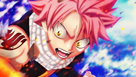 HD PC desktop wallpaper featuring Natsu Dragneel from the anime Fairy Tail with fiery eyes and dynamic action pose against a vibrant sky background.