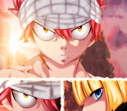 HD PC desktop wallpaper featuring Natsu Dragneel from the anime Fairy Tail with intense expression and glowing eyes, tagged Brandish μ.