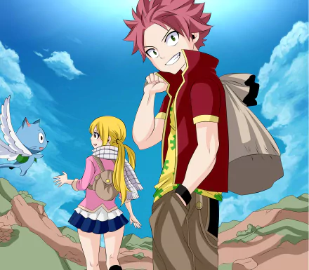 Anime scene from Fairy Tail featuring Happy flying, Lucy Heartfilia reaching out, and Natsu Dragneel smiling under a bright blue sky in vibrant 4K Ultra HD quality.