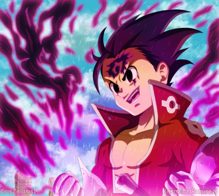HD desktop wallpaper featuring Zeldris from The Seven Deadly Sins anime, showcasing his intense black eyes and a powerful, dark energy aura in a vibrant setting.