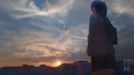 A serene anime girl with long brown hair in a ponytail gazes at a city sunset, carrying a bag over her shoulder. The HD desktop wallpaper captures a beautiful evening sky with soft clouds and streaks of light.