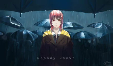 Anime-style HD desktop wallpaper of a long-haired girl with brown eyes holding an umbrella in the rain, surrounded by others with umbrellas, under a dark, rainy sky.