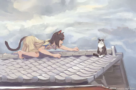 Anime-style cat girl with a tail crawls on a rooftop, reaching toward a sitting cat under a cloudy sky in this HD PC desktop wallpaper and background.