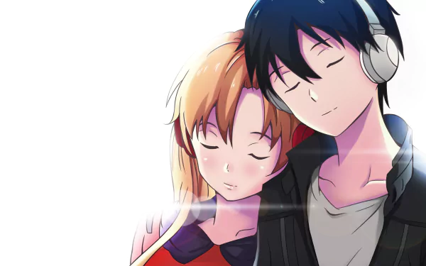 HD wallpaper of Asuna Yuuki and Kirito from Sword Art Online, depicted sleeping peacefully together, Asuna with orange hair and Kirito wearing headphones.