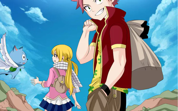 Anime scene from Fairy Tail featuring Happy flying, Lucy Heartfilia reaching out, and Natsu Dragneel smiling under a bright blue sky in vibrant 4K Ultra HD quality.