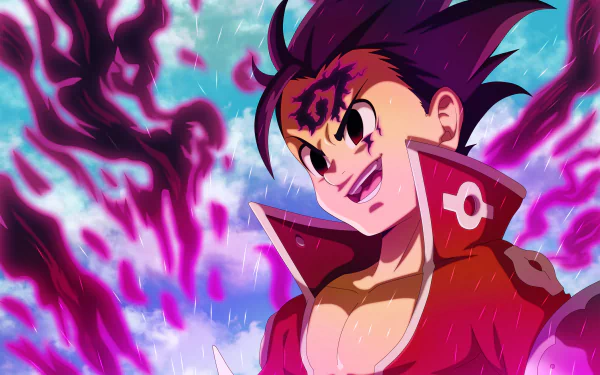 HD desktop wallpaper featuring Zeldris from The Seven Deadly Sins anime, showcasing his intense black eyes and a powerful, dark energy aura in a vibrant setting.