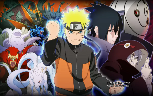 A vibrant HD desktop wallpaper featuring various Naruto characters like Sasuke Uchiha and Naruto Uzumaki, along with Chōmei, Saiken, Kokuô, Son Gokû, Isobu, Matatabi, Kabuto Yakushi, and Obito Uchiha.