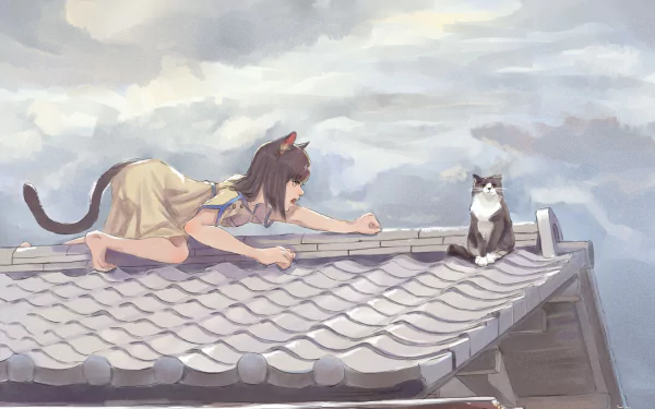 Anime-style cat girl with a tail crawls on a rooftop, reaching toward a sitting cat under a cloudy sky in this HD PC desktop wallpaper and background.