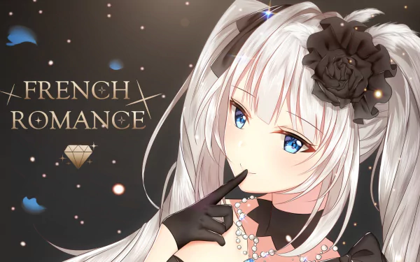 HD desktop wallpaper featuring Marie Antoinette from Fate/Grand Order. The anime character has long white hair, blue eyes, and wears a black dress with a matching black rose headpiece. Text reads French Romance.