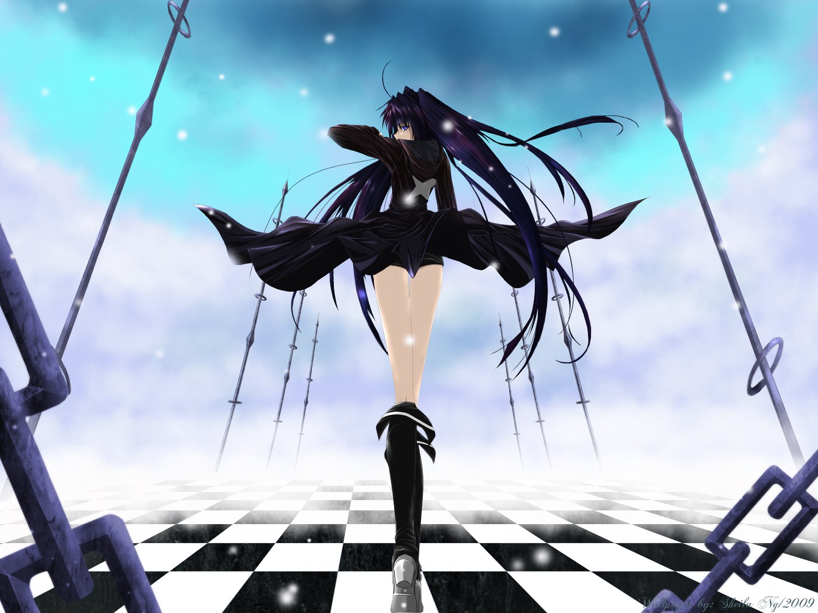 HD anime desktop wallpaper featuring Black Rock Shooter standing on a checkered floor under a cloudy sky, with flowing black hair and dynamic chains in the background.