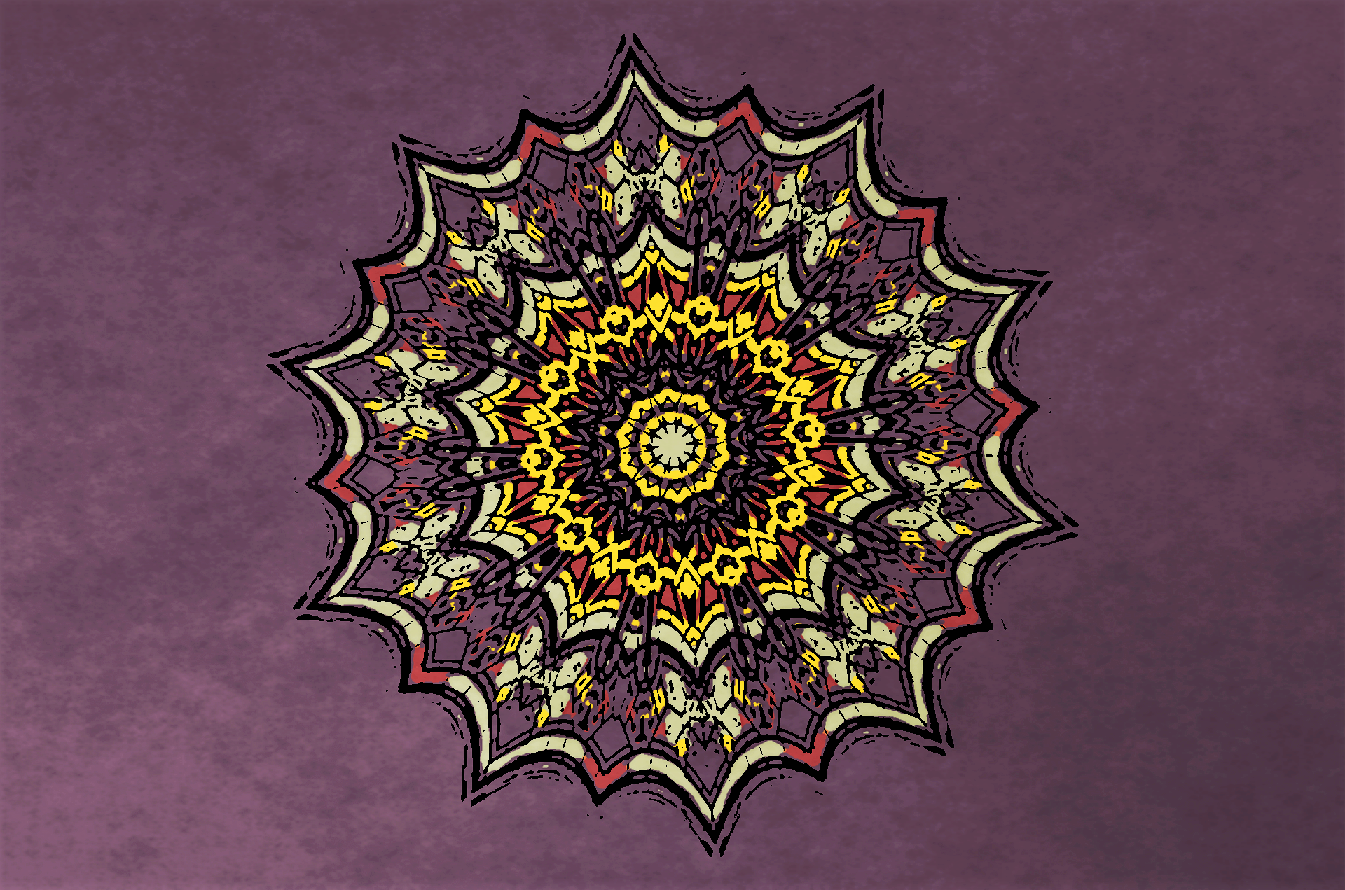 Abstract kaleidoscope design with intricate yellow, red, and black patterns radiating from the center on a textured purple background, presented as an HD PC desktop wallpaper.
