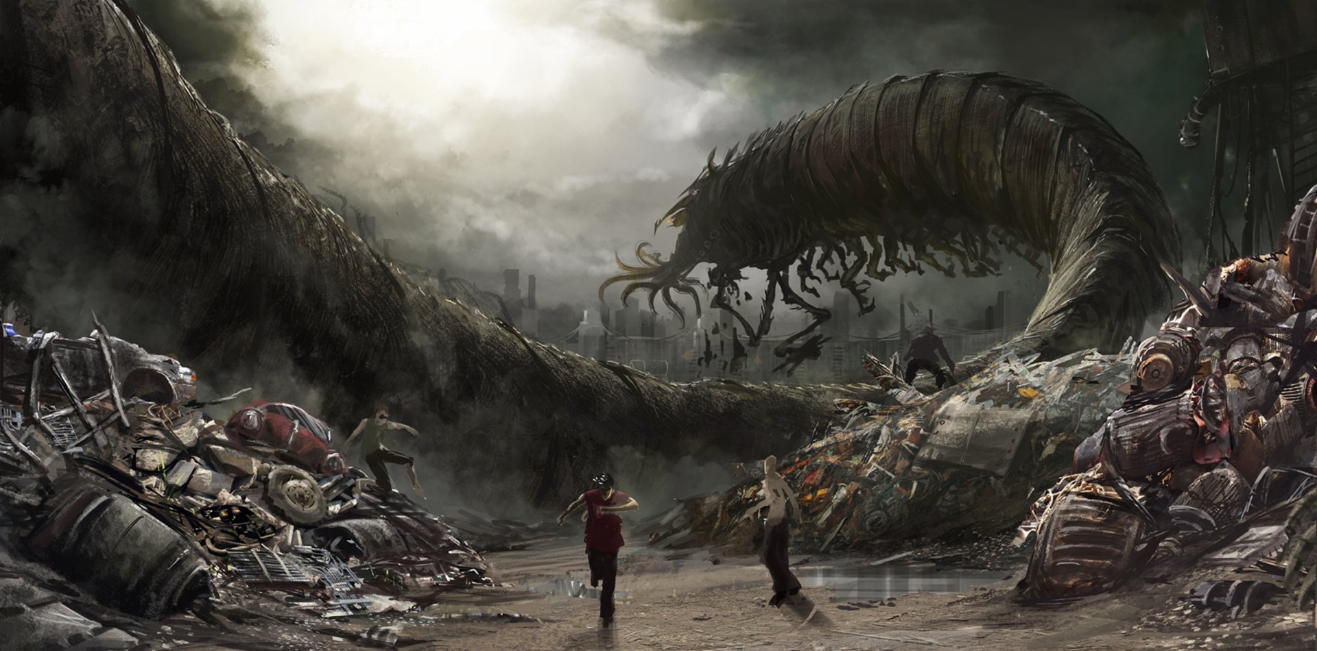 A dark fantasy HD wallpaper depicting a massive, menacing monster towering over a desolate landscape, with two small figures facing the creature amidst ruins.