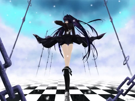 HD anime desktop wallpaper featuring Black Rock Shooter standing on a checkered floor under a cloudy sky, with flowing black hair and dynamic chains in the background.
