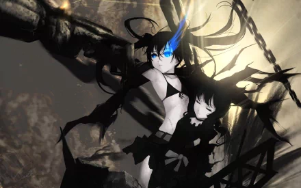 Anime-inspired HD desktop wallpaper featuring Dead Master from Black Rock Shooter, showcasing a dramatic scene with dark tones and striking blue accents.