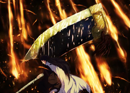 HD desktop wallpaper featuring Kenpachi Zaraki from the anime Bleach in his Bankai form, wielding a massive weapon against a fiery, dramatic background.