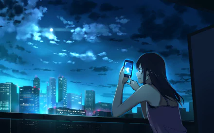 Anime-style HD wallpaper featuring a girl with long black hair using a smartphone, gazing at a moonlit cityscape with tall buildings under a cloudy night sky.