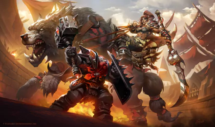 Epic 4K wallpaper from World of Warcraft: Battle for Azeroth features a heavily armored dwarf warrior wielding a hammer and shield alongside a fierce woman warrior on a wolf mount.