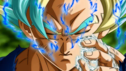 HD desktop wallpaper featuring Goku in Super Saiyan Blue form from Dragon Ball Super, showcasing his intense expression and glowing blue aura.