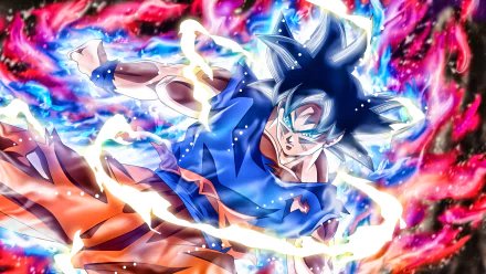 HD desktop wallpaper featuring Goku in Ultra Instinct form from Dragon Ball Super, showcasing vibrant colors and dynamic energy effects.