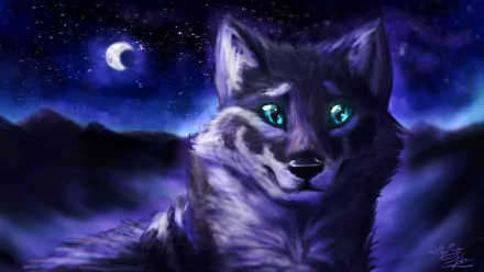 HD PC fantasy night desktop wallpaper: luminous blue-eyed wolf with glowing fur under a crescent moon and starry sky, misty mountains in the background.