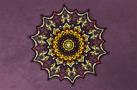 Abstract kaleidoscope design with intricate yellow, red, and black patterns radiating from the center on a textured purple background, presented as an HD PC desktop wallpaper.