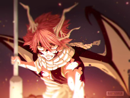 HD PC desktop wallpaper featuring Natsu Dragneel from the anime Fairy Tail, depicted with fiery effects and dynamic action pose.