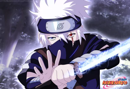 HD wallpaper of Kakashi Hatake from Naruto, depicting him in a forest at night, performing a hand sign while holding a sword.