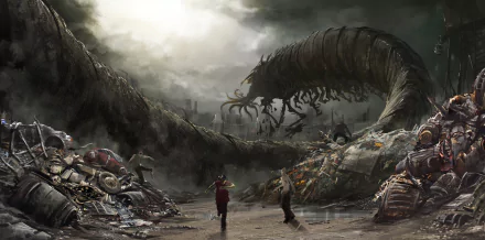 A dark fantasy HD wallpaper depicting a massive, menacing monster towering over a desolate landscape, with two small figures facing the creature amidst ruins.