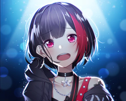 HD anime desktop wallpaper featuring Ran Mitake from BanG Dream!, showcasing her with vibrant pink eyes and a striking black and red hairstyle against a glowing blue background.
