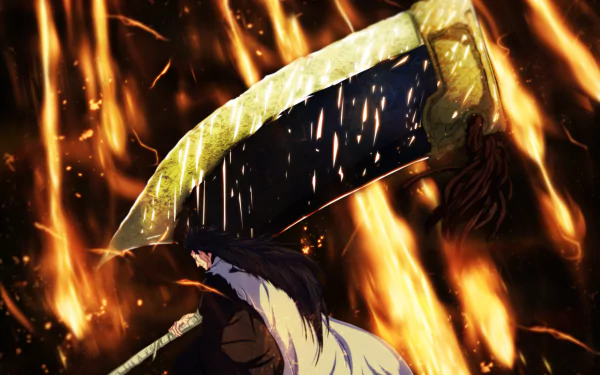 HD desktop wallpaper featuring Kenpachi Zaraki from the anime Bleach in his Bankai form, wielding a massive weapon against a fiery, dramatic background.
