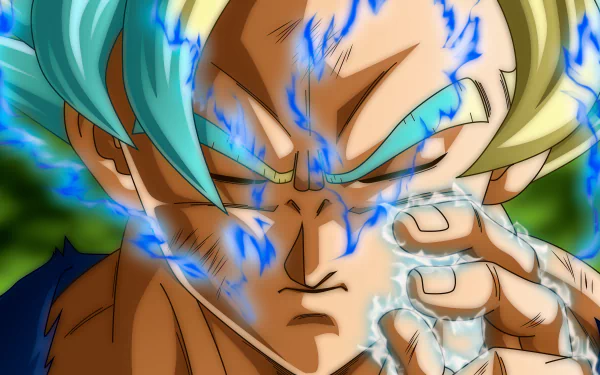 HD desktop wallpaper featuring Goku in Super Saiyan Blue form from Dragon Ball Super, showcasing his intense expression and glowing blue aura.